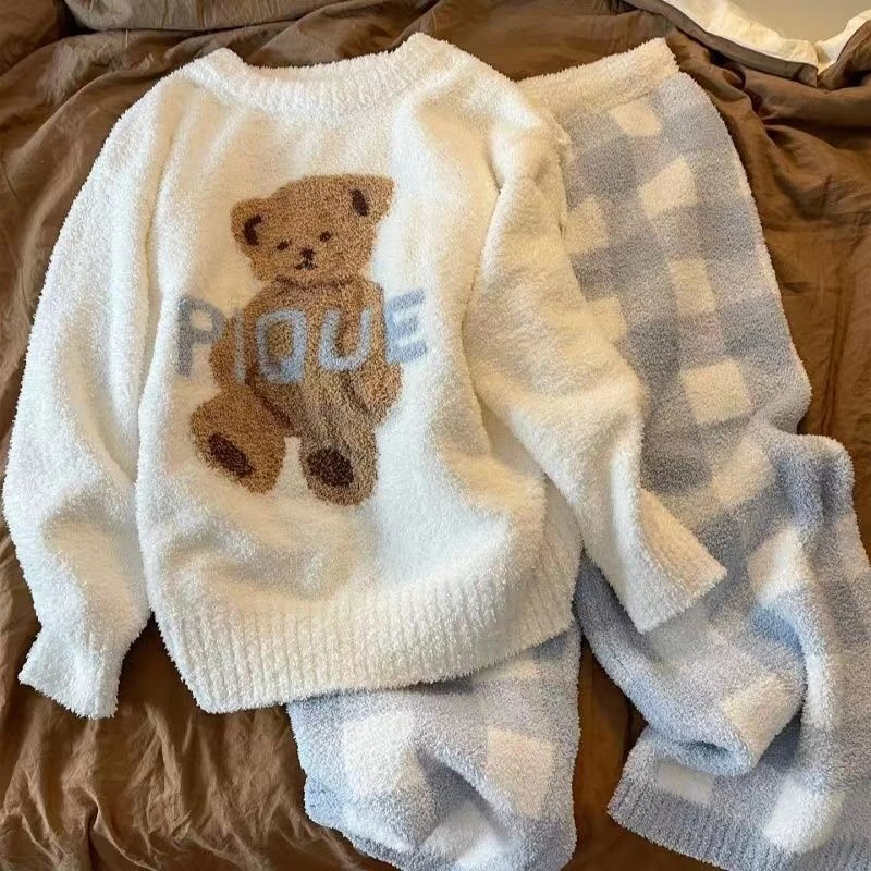 珊瑚绒可爱小熊睡衣女秋冬季加厚保暖法兰绒学生外穿家居服套装