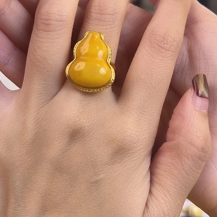 裸石琥珀银S925镀金镶嵌鸡油黄葫芦戒指