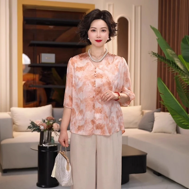 中年妈妈装春夏国风T恤衬衫2025新款洋气上衣中老年女装提花外套
