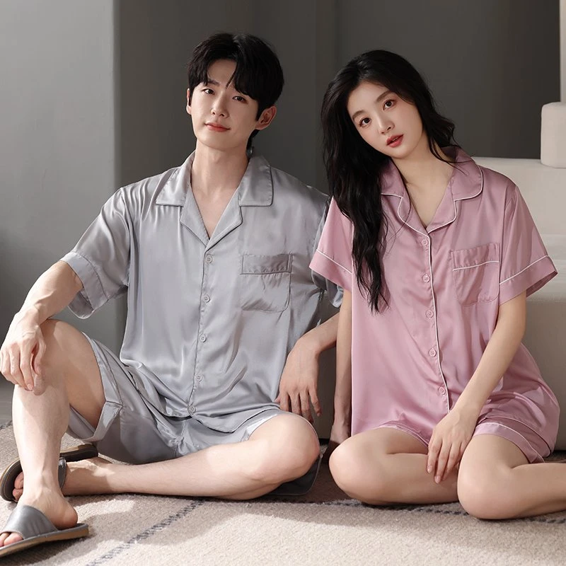 新款情侣睡衣夏季高档冰雪丝短袖薄款简约家居服男女大码加肥套装