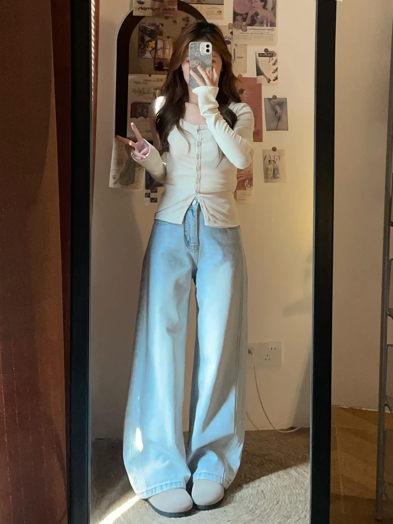 晴山//小个子定制直筒牛仔裤浅蓝气质百搭2025韩系150女生