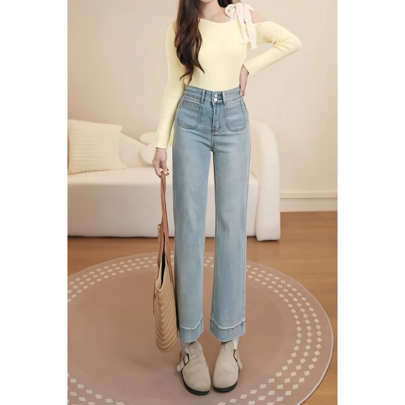 【不加绒】春夏浅蓝百搭气质高腰微弹休闲小个子显瘦牛仔直筒裤9176