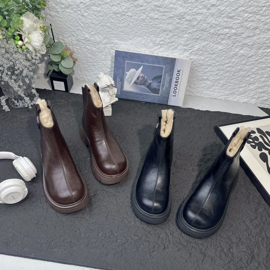 冬季短靴圆头中跟粗跟厚底烟筒靴防滑女士9986-1