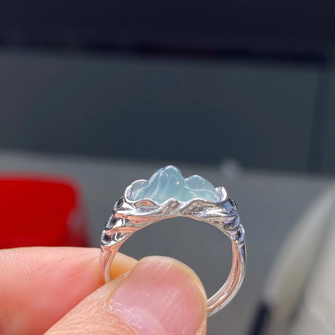 千里江山丨天然蓝水翡翠S925银镶活口戒指
