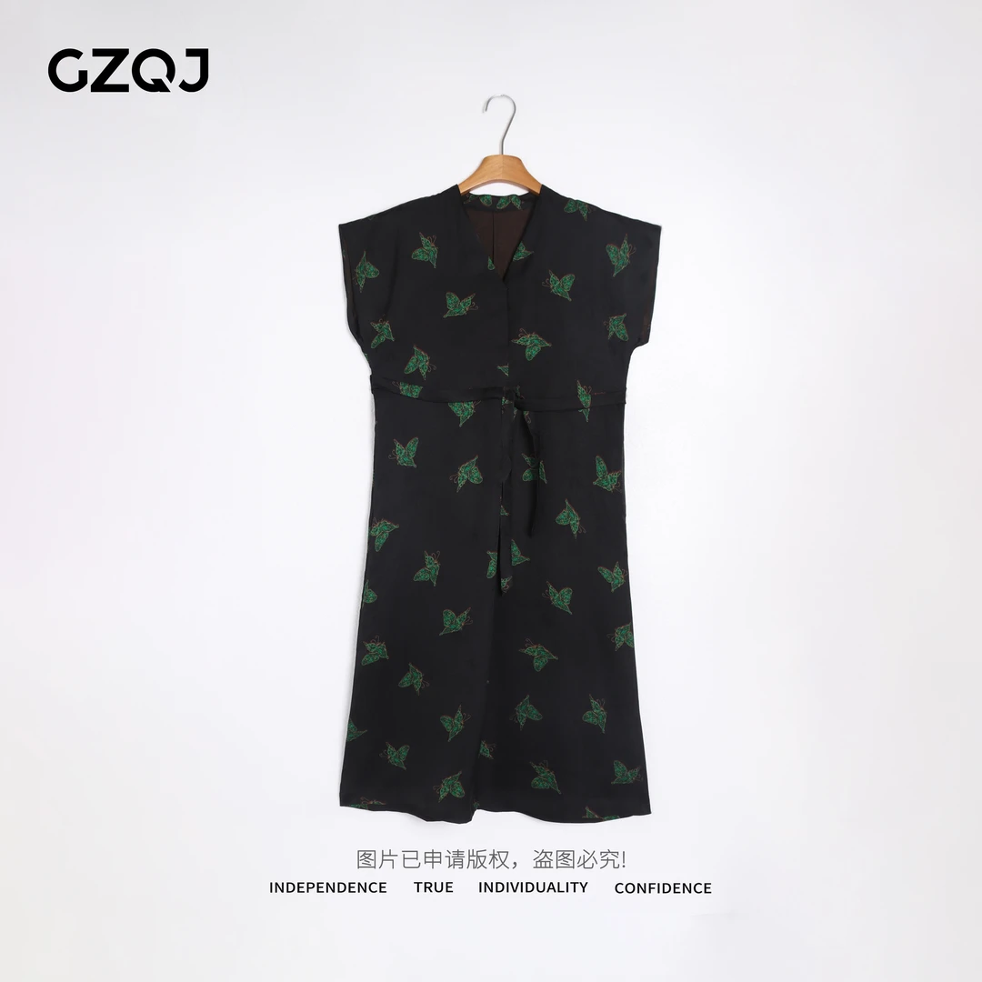 老琴私服【绿蝶裙】人丝香云纱欧若风新中式蝴蝶连衣裙女  1041