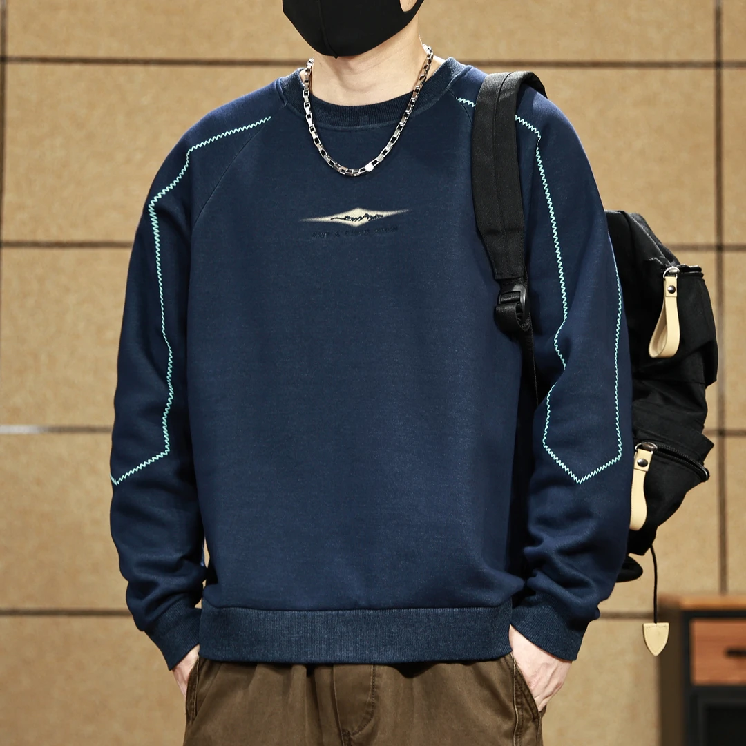 重磅加绒圆领卫衣男春秋季新款潮牌宽松长袖T恤男士简约无帽上衣