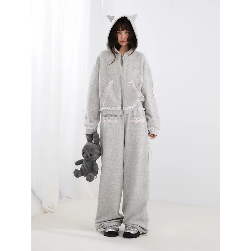 ECHOSTA连帽蕾丝花边浅粉色点缀宽松阔腿休闲裤浅灰色设计感套装