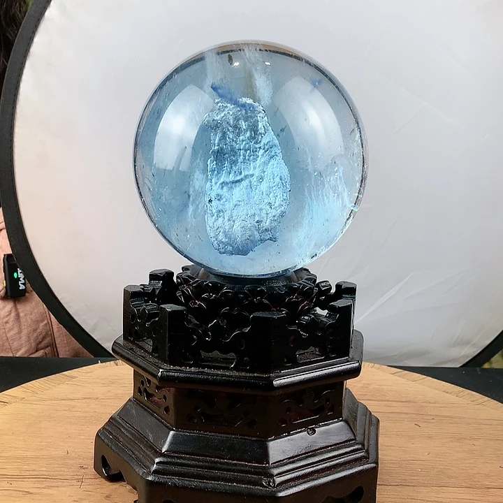 石材蓝水晶直径15带实木旋转底座