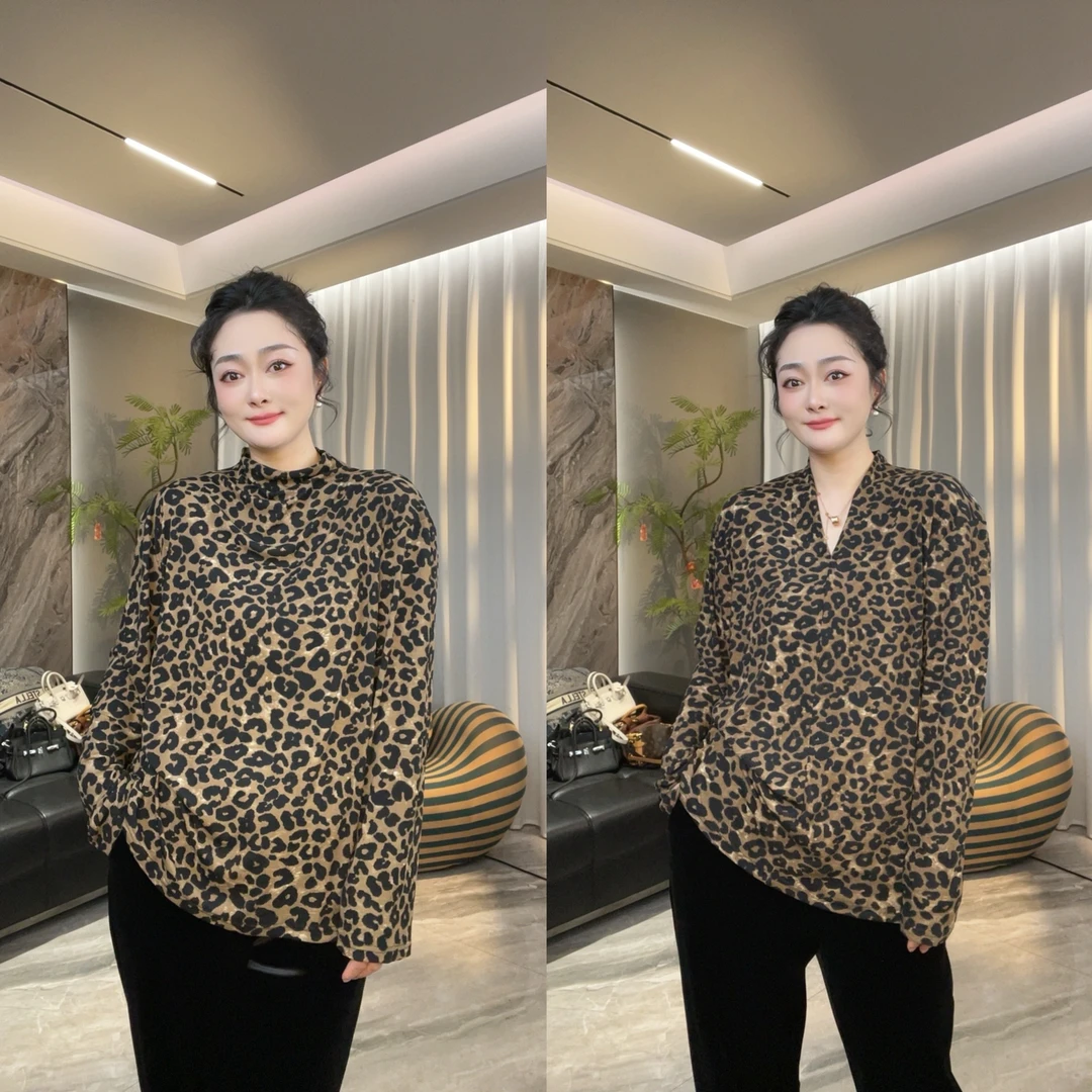 【冲姐】早春新款宽松长袖时髦百搭弹力豹纹打底上衣(不起球)
