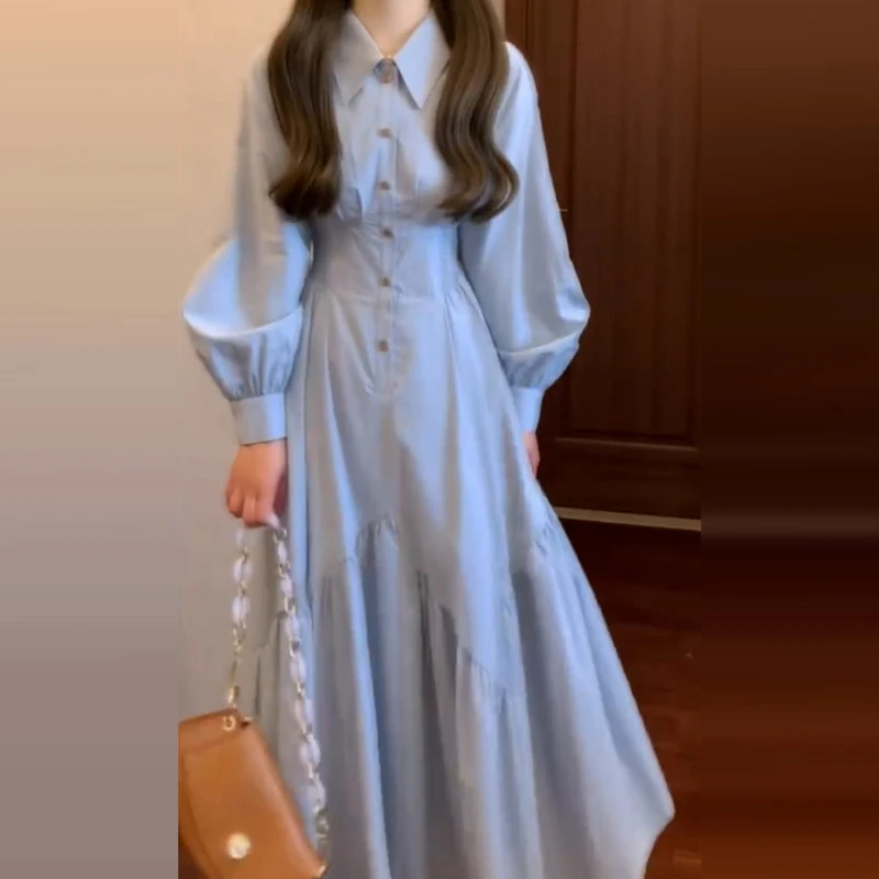 学院风蓝色长袖衬衫连衣裙财阀千金女装2025新款法式早秋穿搭长裙