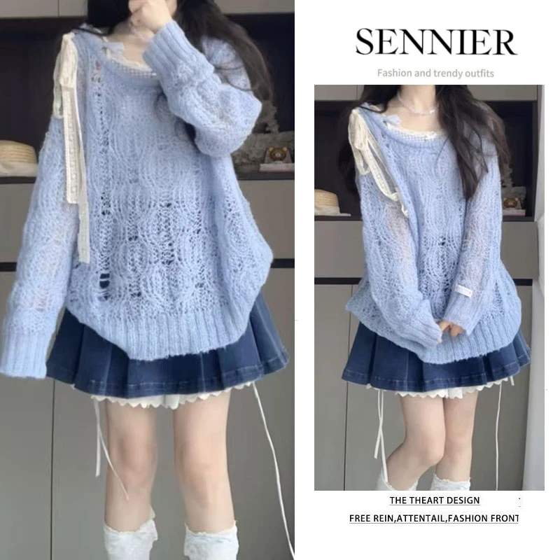 秋季温柔系穿搭女2025新款韩系减龄绑带镂空针织衫牛仔短裙两件套