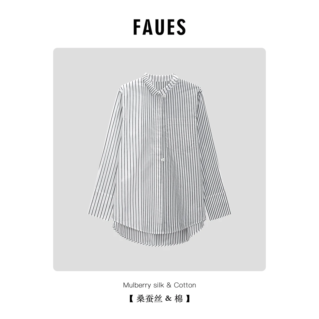 FAUES 福利dvn订单 客供色织棉丝不对称条纹宽松阔版中长衬衣衬衫