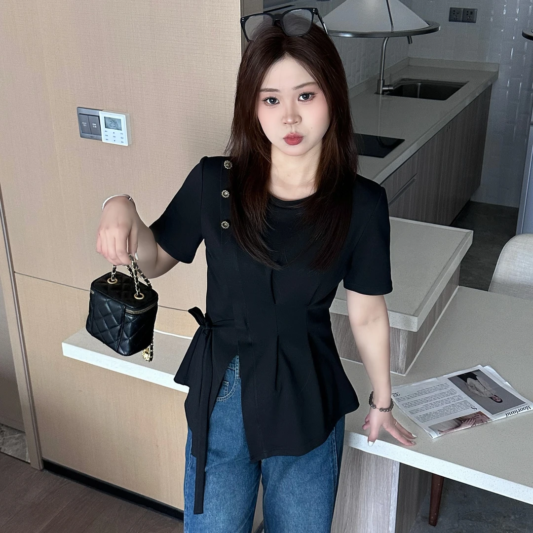 敏敏&南岛风大码女装绑带收腰短袖上衣夏季胖mm显瘦T恤ZZM18