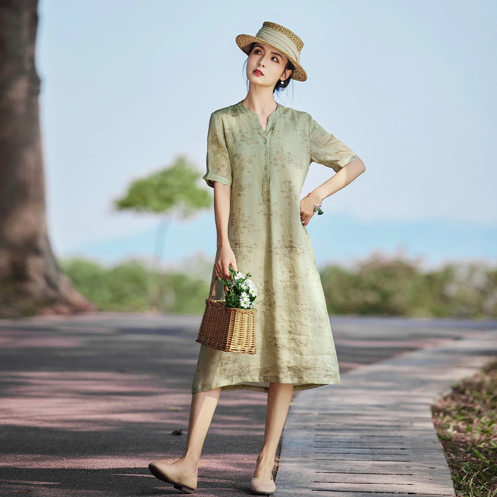 卡其绿苎麻中长裙中短袖夏季连衣裙时尚少女中国风日常中长款旗袍