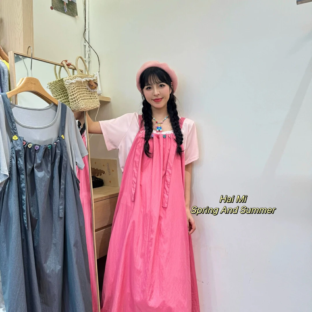 【莹莹推荐】慵懒风设计感背带裙女宽松可调节不规则扣子皱褶套装