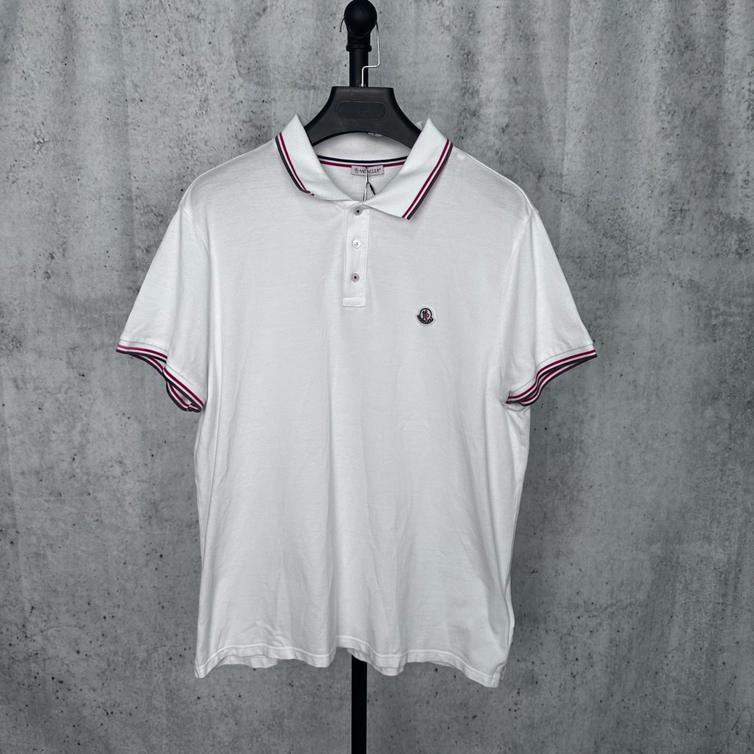 99新 MONCLER 白色宽松短袖条纹Polo衫/XXL码
