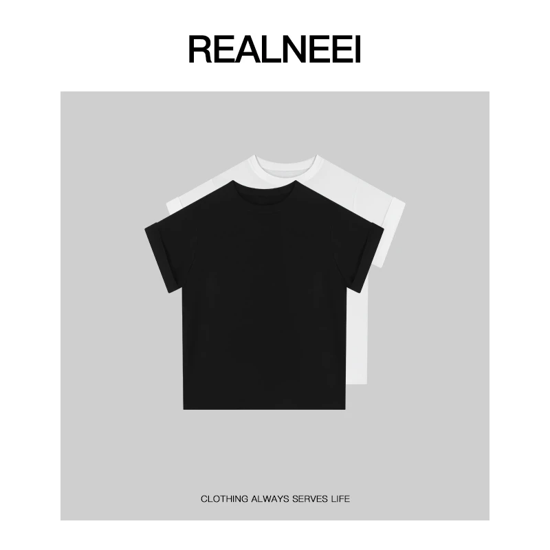 REALNEEI【松弛卷边】极简棉感短袖薄款舒适袖口挽边基础T恤10725
