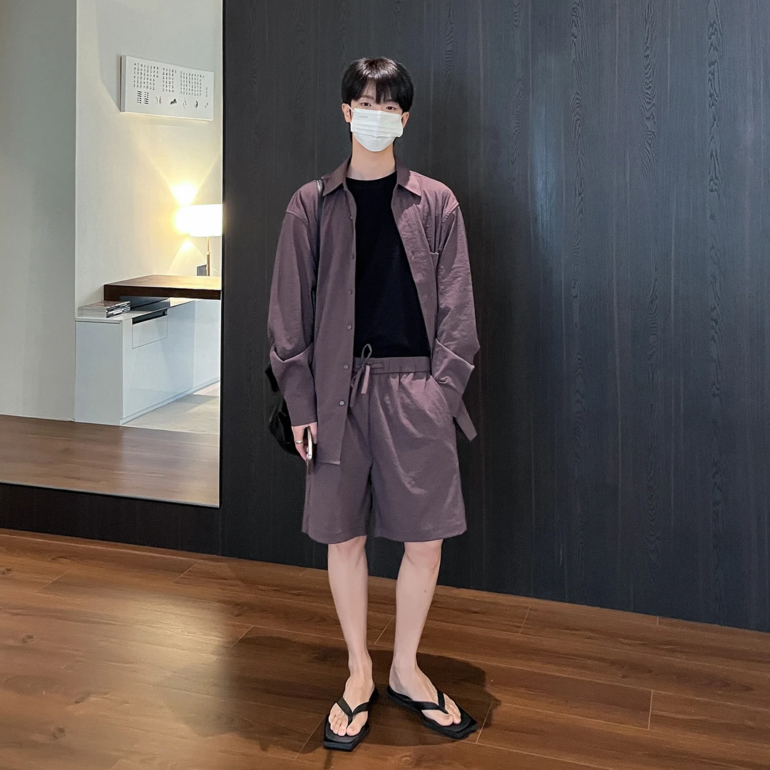 高林凡 韩版休闲简约条纹理套装宽松百搭氛围感长袖衬衫慵懒短裤