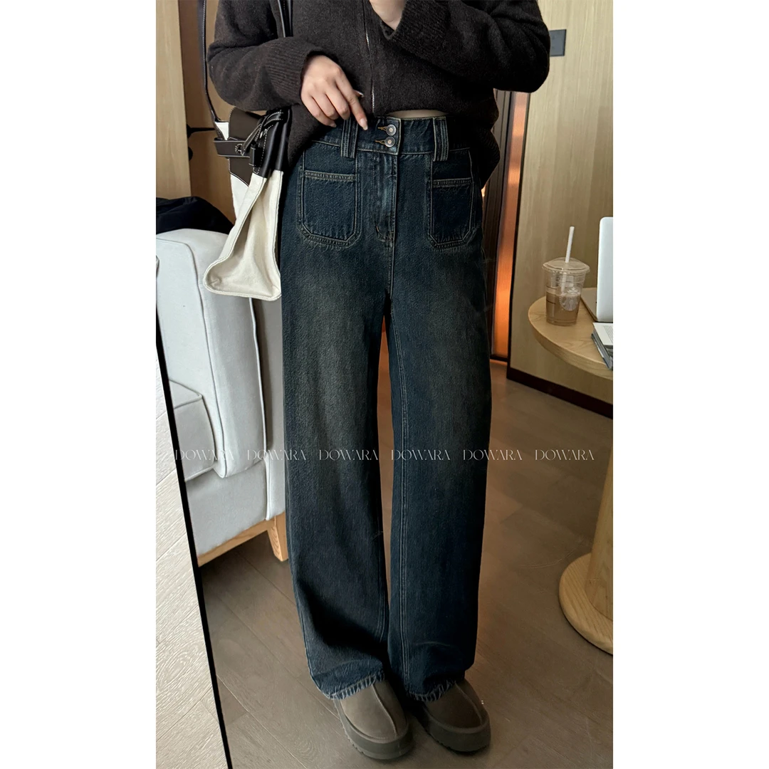 现货大婉酱微胖定制【不羁蓝调】复古抓绒双扣设计直筒牛仔裤 0390D