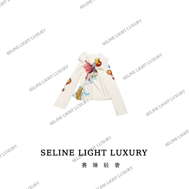 【24Q- 123】2024 SELINE 加绒轻奢设计款百搭彩色印花长袖圆领上衣