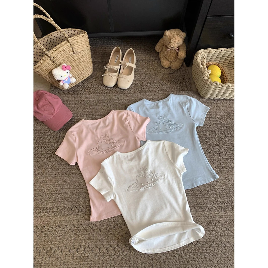 FOPJ刺绣款韩系纯欲风镂空kitty短袖t恤女设计感修身显瘦圆领上衣