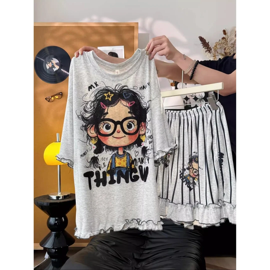 韩版小众少女卡通印花短袖睡衣女夏季小个子舒适短裤家居服两件套