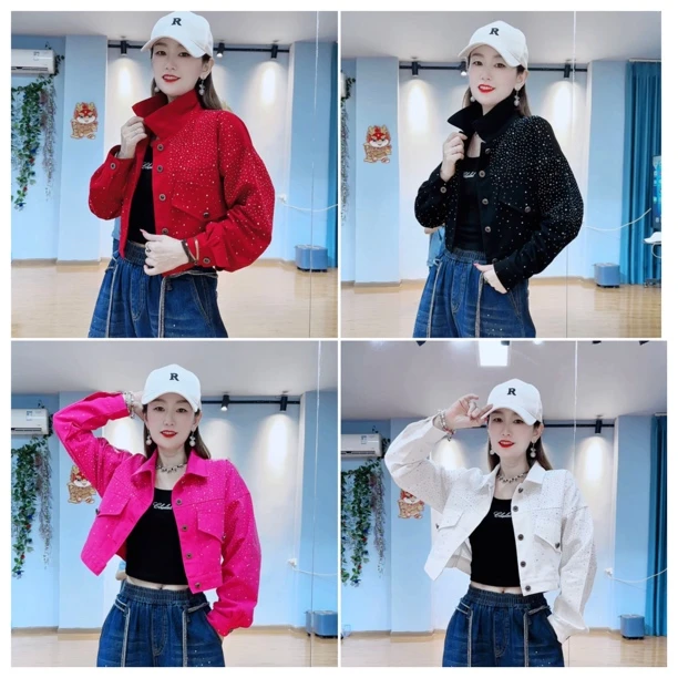 CX新品重工艺烫钻宽松短款牛仔洗水棉外套580