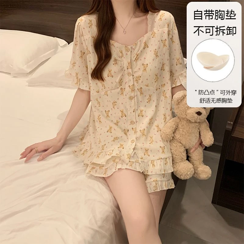 带胸垫睡衣女夏季薄款短袖云朵棉套装2025新款可爱爆款家居服小熊