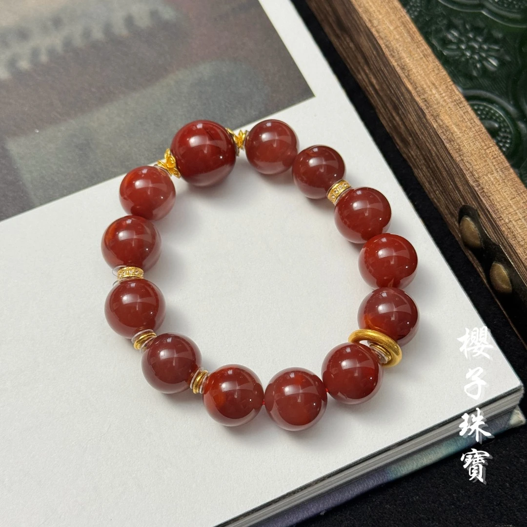 樱子 | 花满是 18K金原矿南红车厘子红圆珠时尚设计手串*YZNH2300