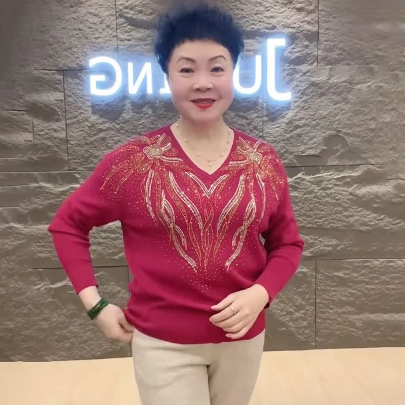 H秋季新款时尚樱桃烫钻毛衣女士百搭V领针织衫休闲宽松打底衫上衣