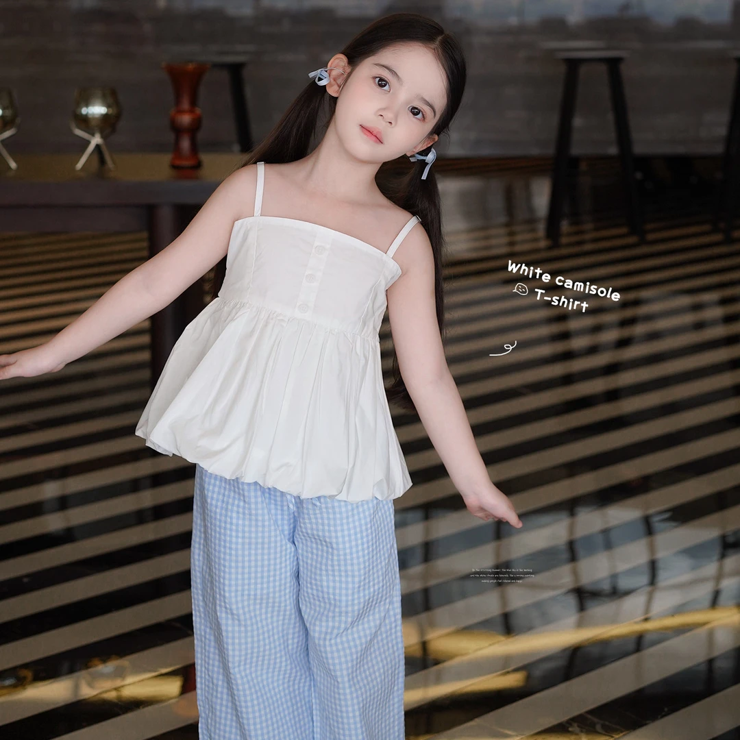 AnnieGirl设计感夏季新款花苞吊带背心女童白色收腰上衣度假风