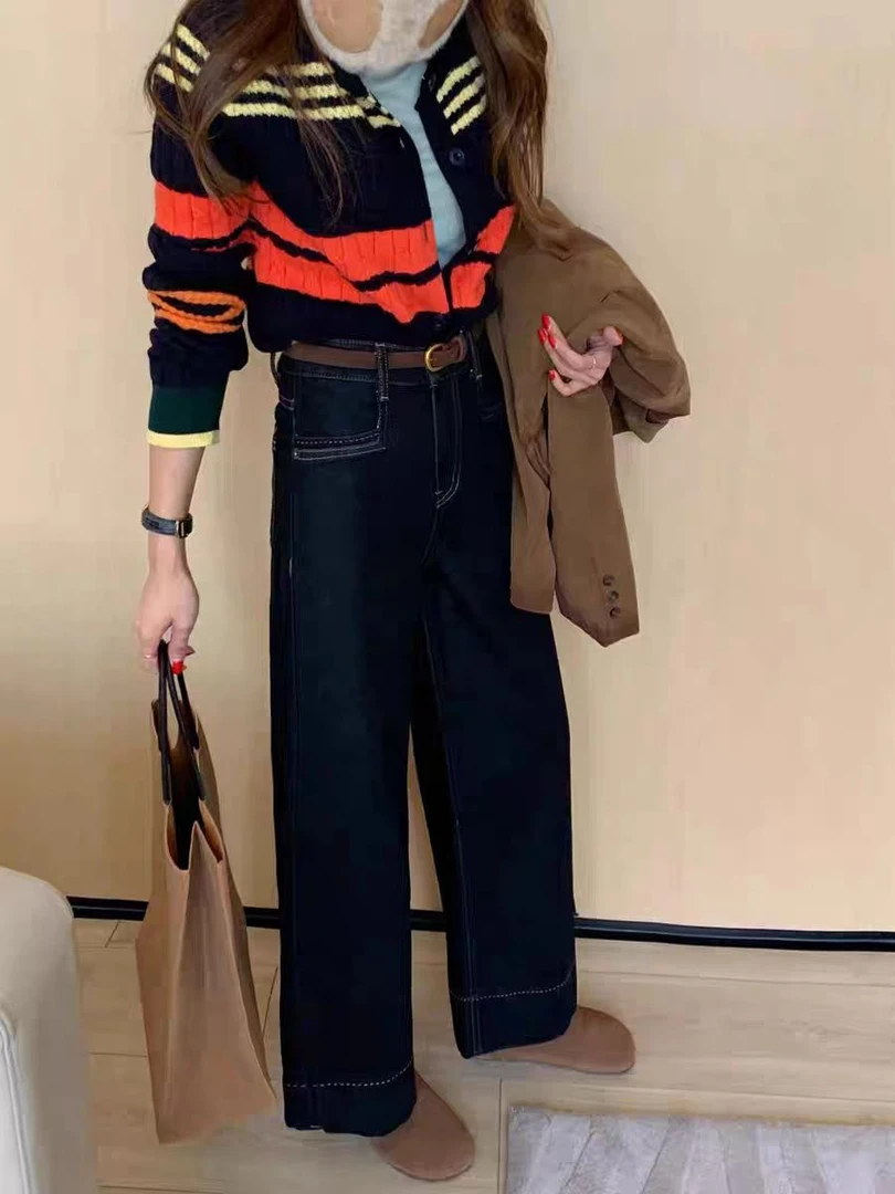 9892番外（奥利绒）韩版显瘦百搭休闲高腰直筒阔腿裤牛仔裤