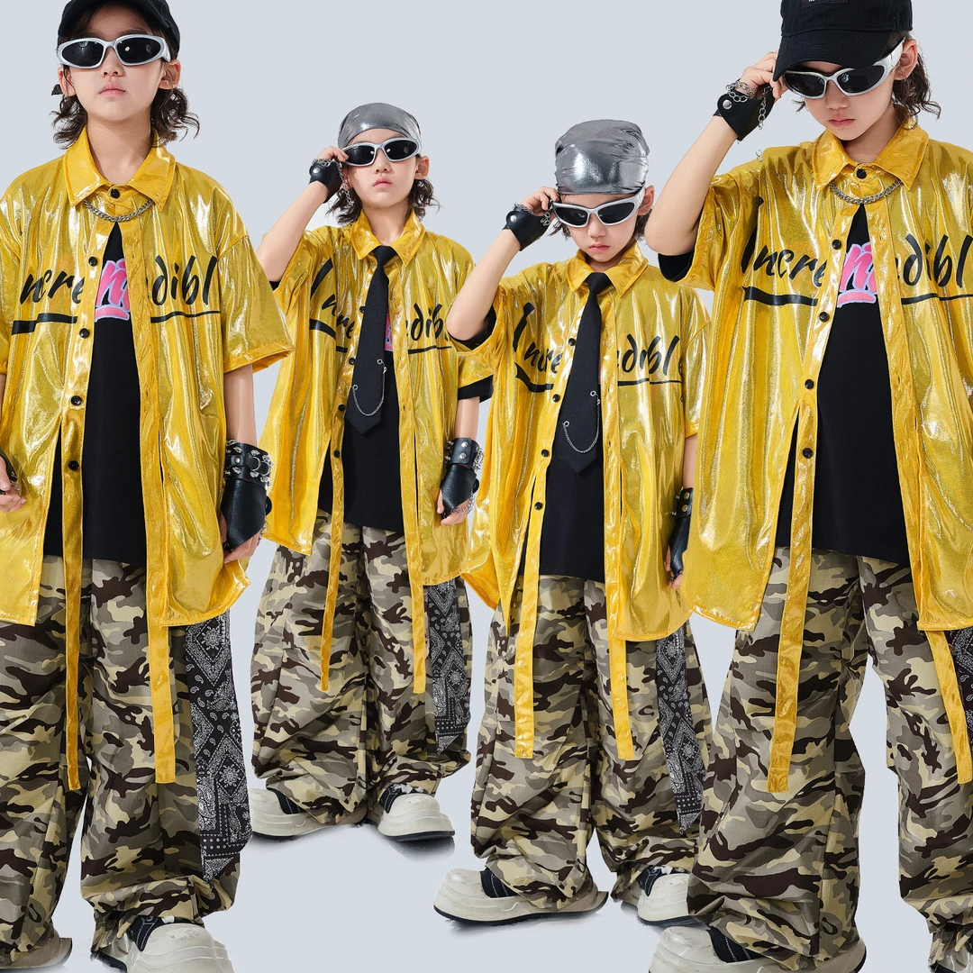 儿童街舞爵士舞潮服金色亮面男女童嘻哈hiphop演出服架子鼓少儿酷