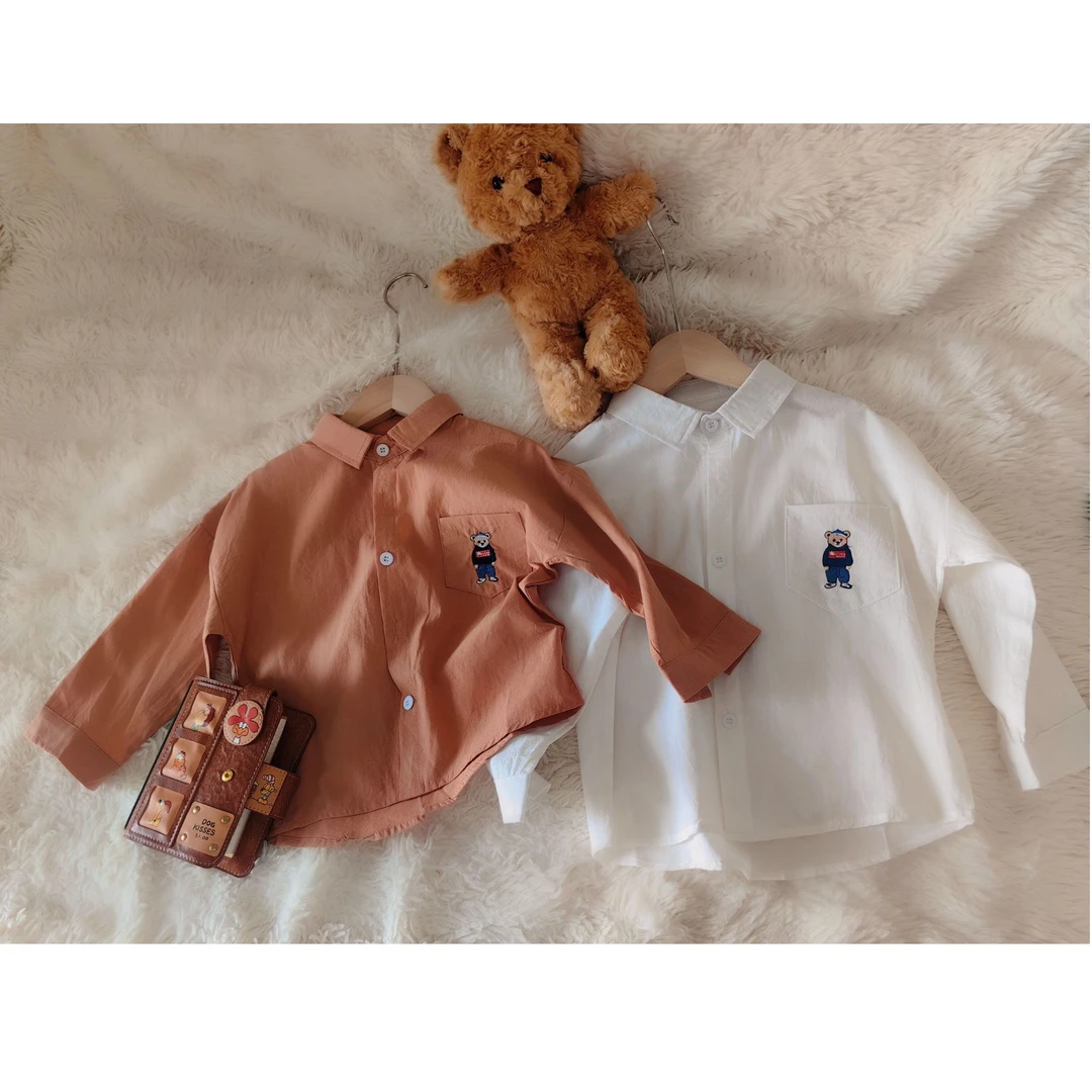 小熊刺绣纯棉百搭休闲风童装韩版洋气衬衫