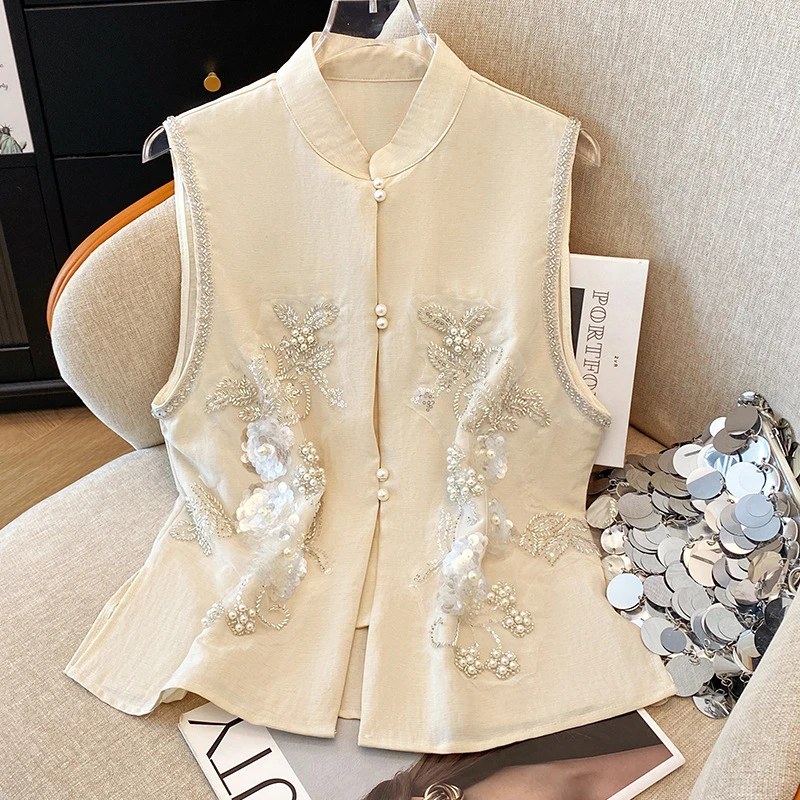 实体店2025新款时尚百搭气质休闲重工麻棉刺绣新中式国风盘扣马甲