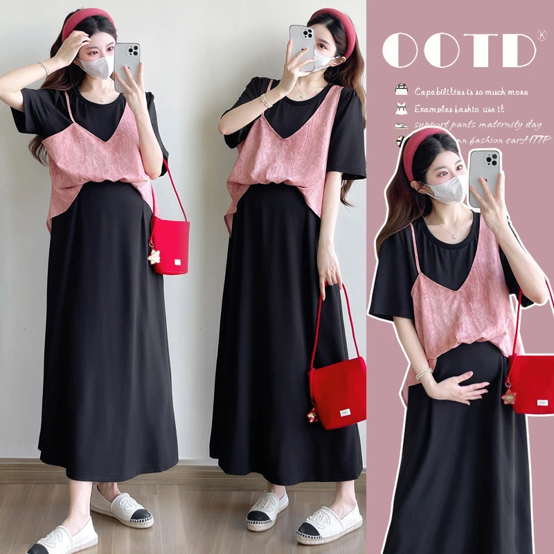2025孕妇韩版夏季A字裙拼接套头短袖连衣裙显瘦大码欧若动感风