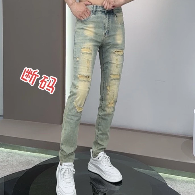 花火鸟夏季破洞多袋长裤水洗牛男士仔裤小脚裤个性休闲弹力8832