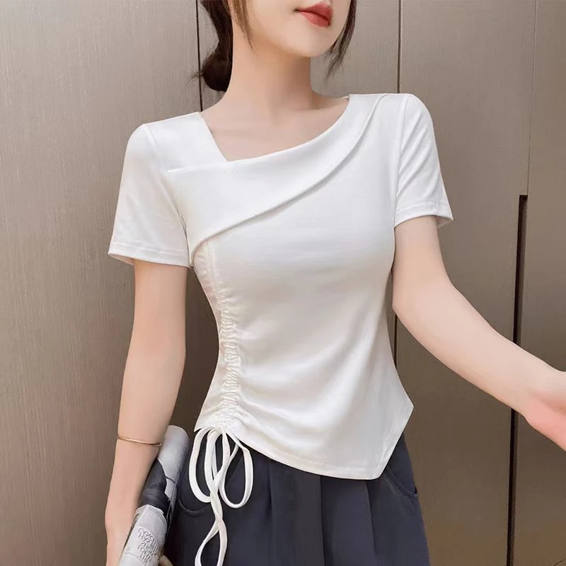 2025夏季新款性感白色不规则领口斜领短袖T恤女内搭显瘦舒适上衣