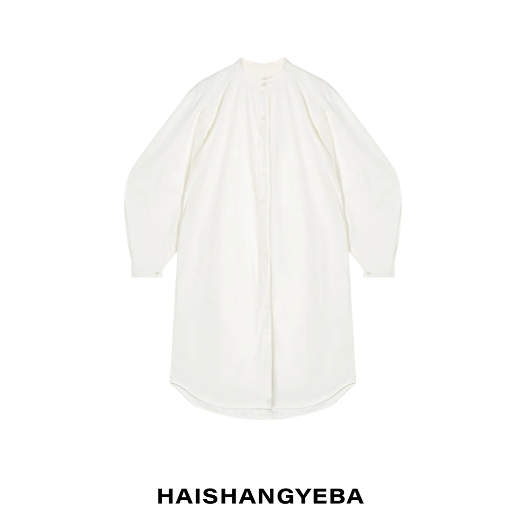 【海上叶爸】新款2025春秋百搭棉宽松蝙蝠袖长款衬衫裙