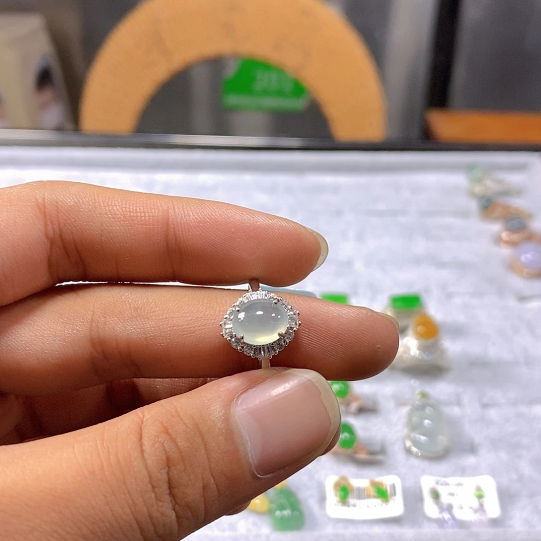 翡翠戒指银S925镶嵌48号