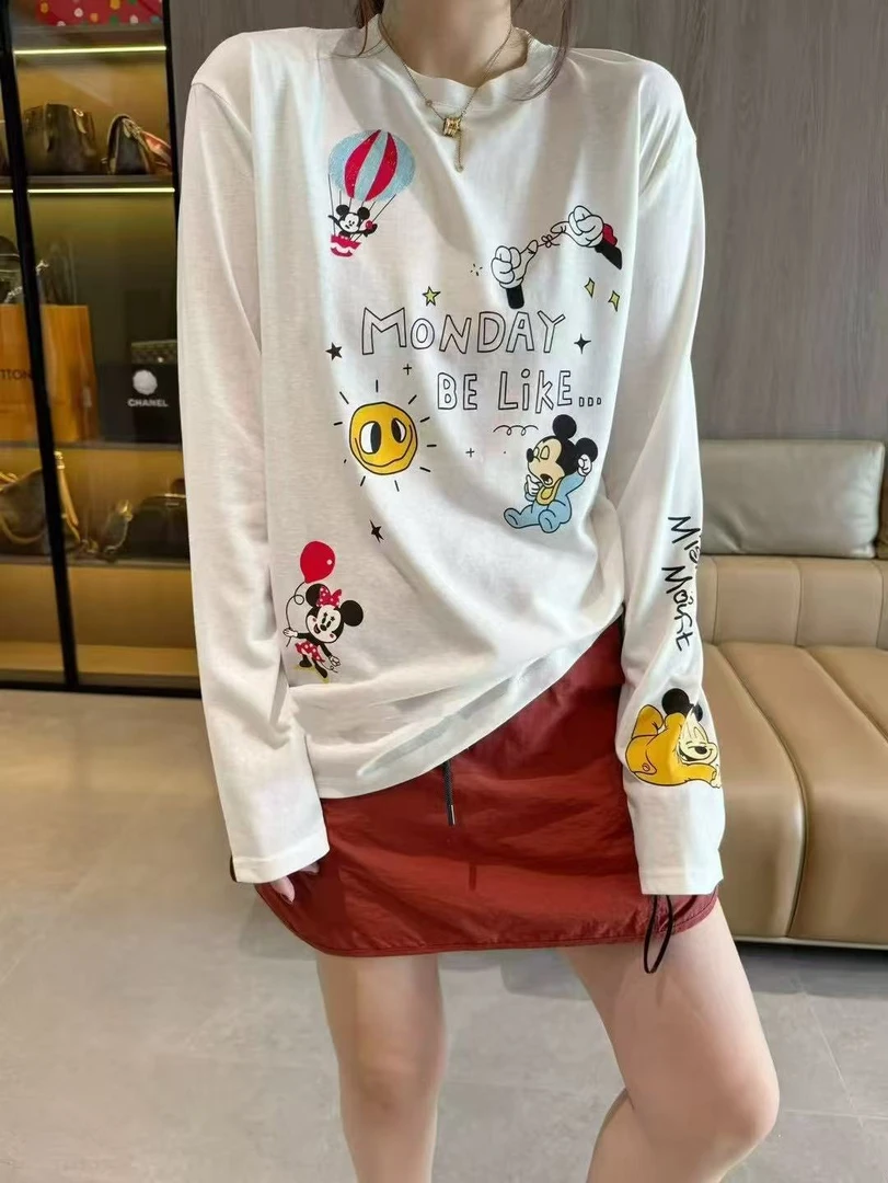 欧货卡通字母米奇热气球印花长袖T恤女2025春夏宽松薄防晒上衣T恤