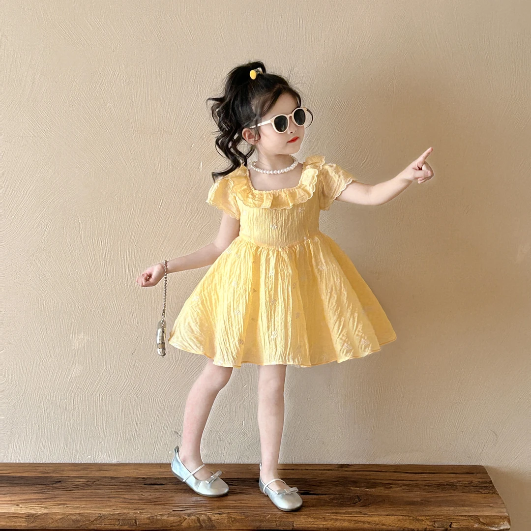 女童黄色荷叶边领连衣裙2025夏季韩版新款女孩甜美刺绣公主裙礼服