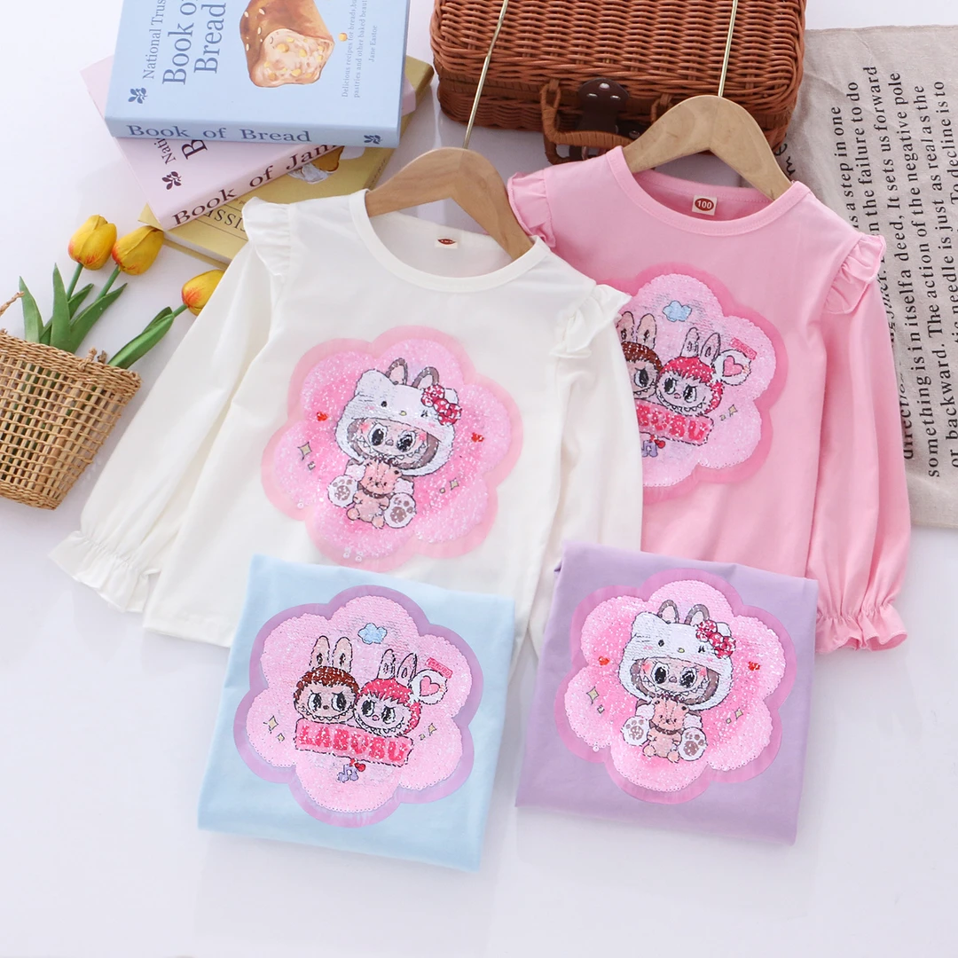 女童亮片纯棉长袖T恤儿童秋季棉打底衫女宝宝变脸图案飞袖长袖T恤