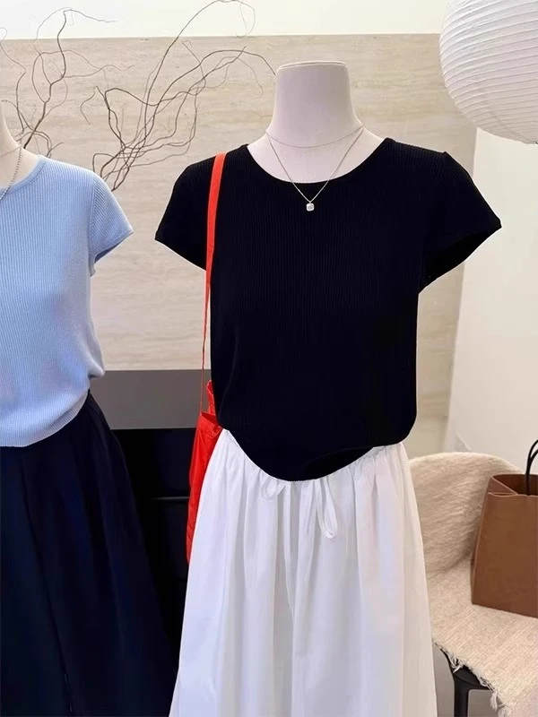 特大码300斤小飞袖圆领正肩短袖T恤女夏季冰丝针织显瘦设计感上衣