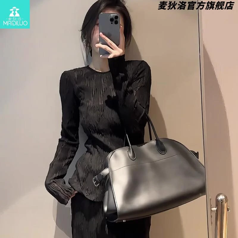 韩系时尚黑色百搭修身显瘦长袖衬衫女2025春季设计感圆领洋气上衣