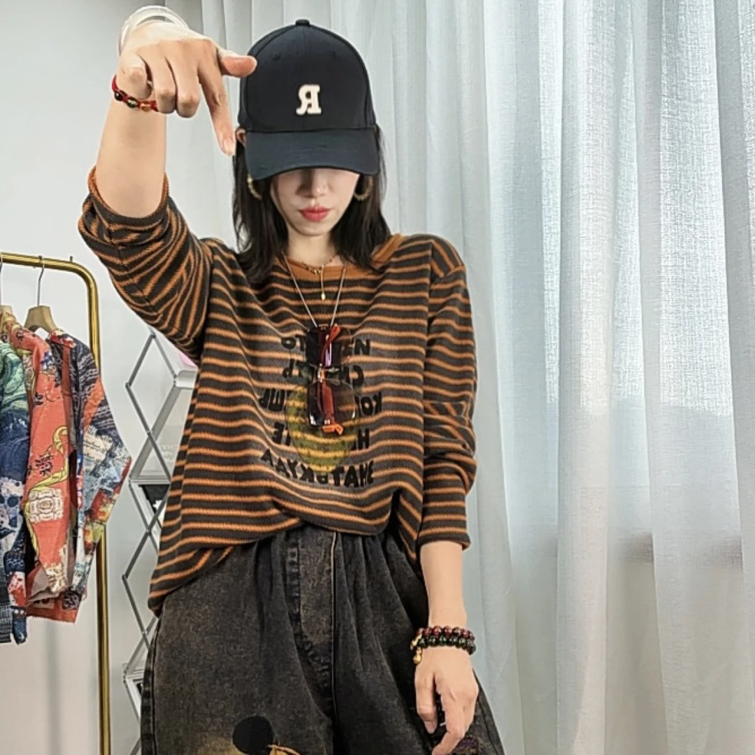 女圆领条纹常规针织印花毛针织衫毛衣显瘦秋季时尚韩派宽松
