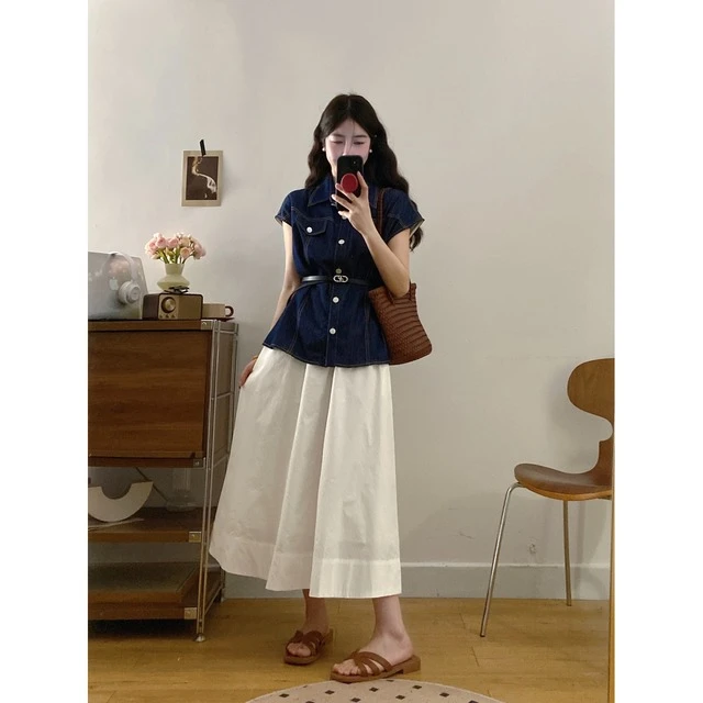 大码胖mm夏新款牛仔收腰显瘦上衣百搭半身裙时尚套装气质两件套女