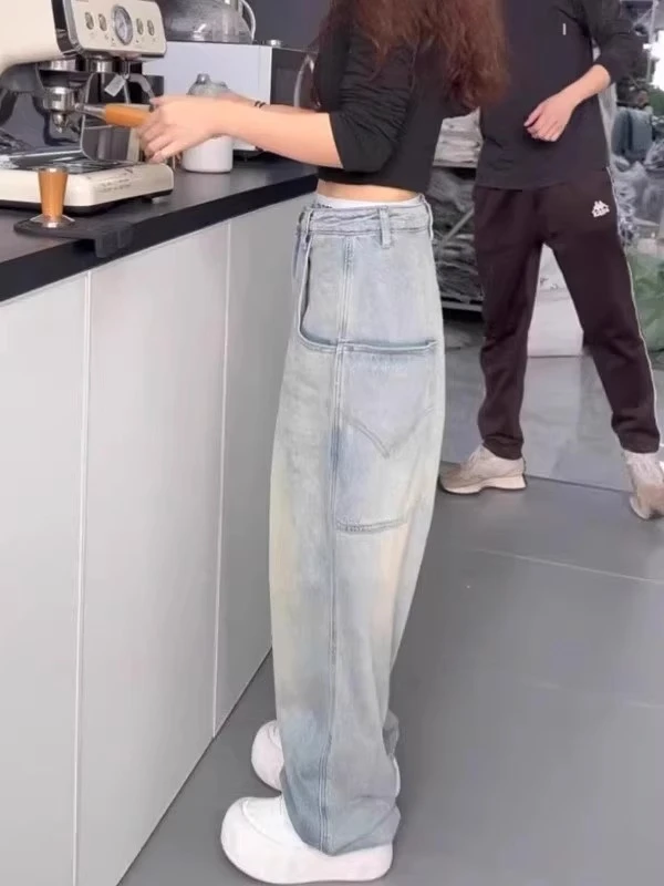 2025年新款秋季胖MM百搭裤子蓝色显瘦高腰阔腿裤时尚宽松牛仔裤