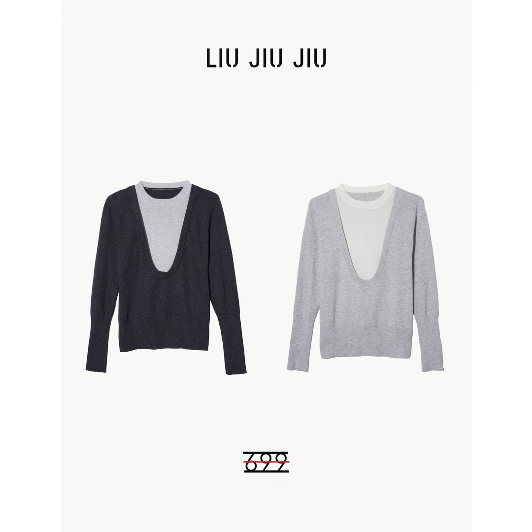 LIUJIUJIU 秋冬新品法式圆领拼色假两件设计感针织上衣SY5136L
