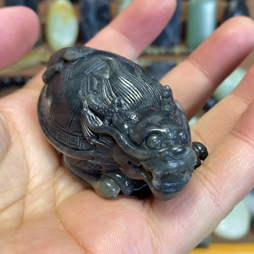 和田玉未镶嵌把件新疆和田玉青花龙龟手把件